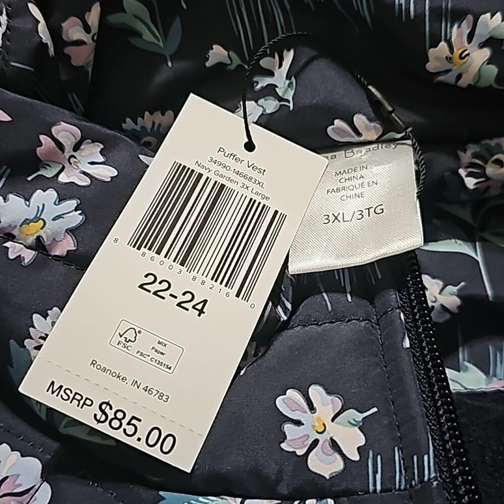 Vera Bradley Puffer Vest Sleeveless Coat Navy Garden‎ Full Zip Fleece Lined 3XL - Picture 12 of 12